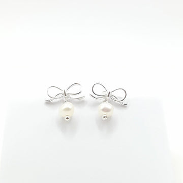 Sterling Silver Earring - Bow and Drop Pearl