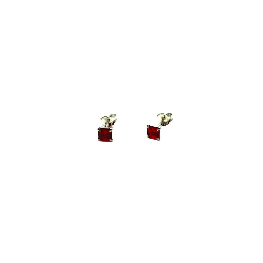 Sterling Silver Earrings - Red Square Rhombus Stud