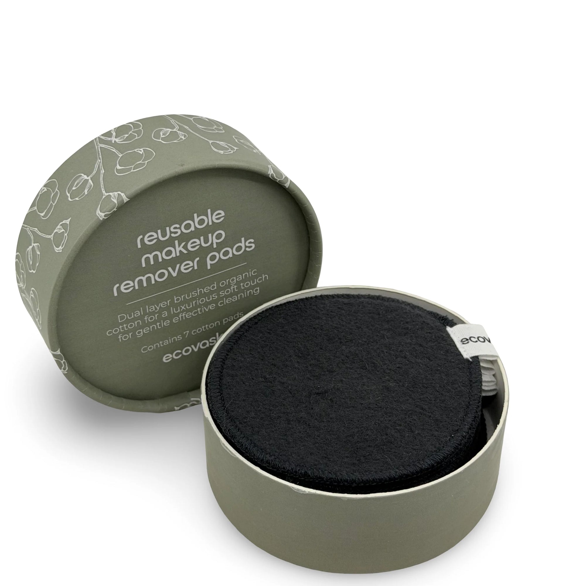 Reusable makeup remover pad in a green container with 'eco' branding.