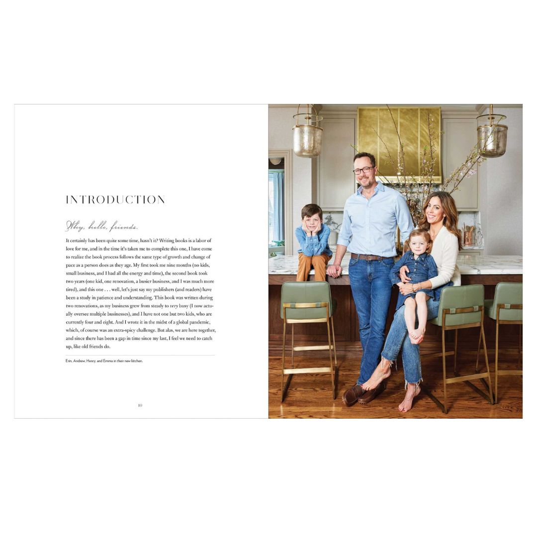 Family of four in a kitchen with text on the left side