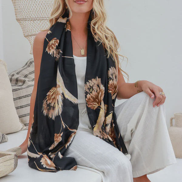 Black floral scarf with gold detail 