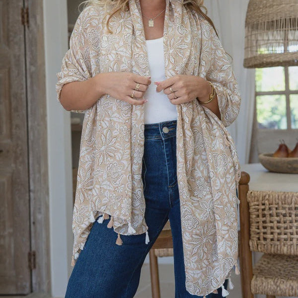 Floral printed scarf with tassels