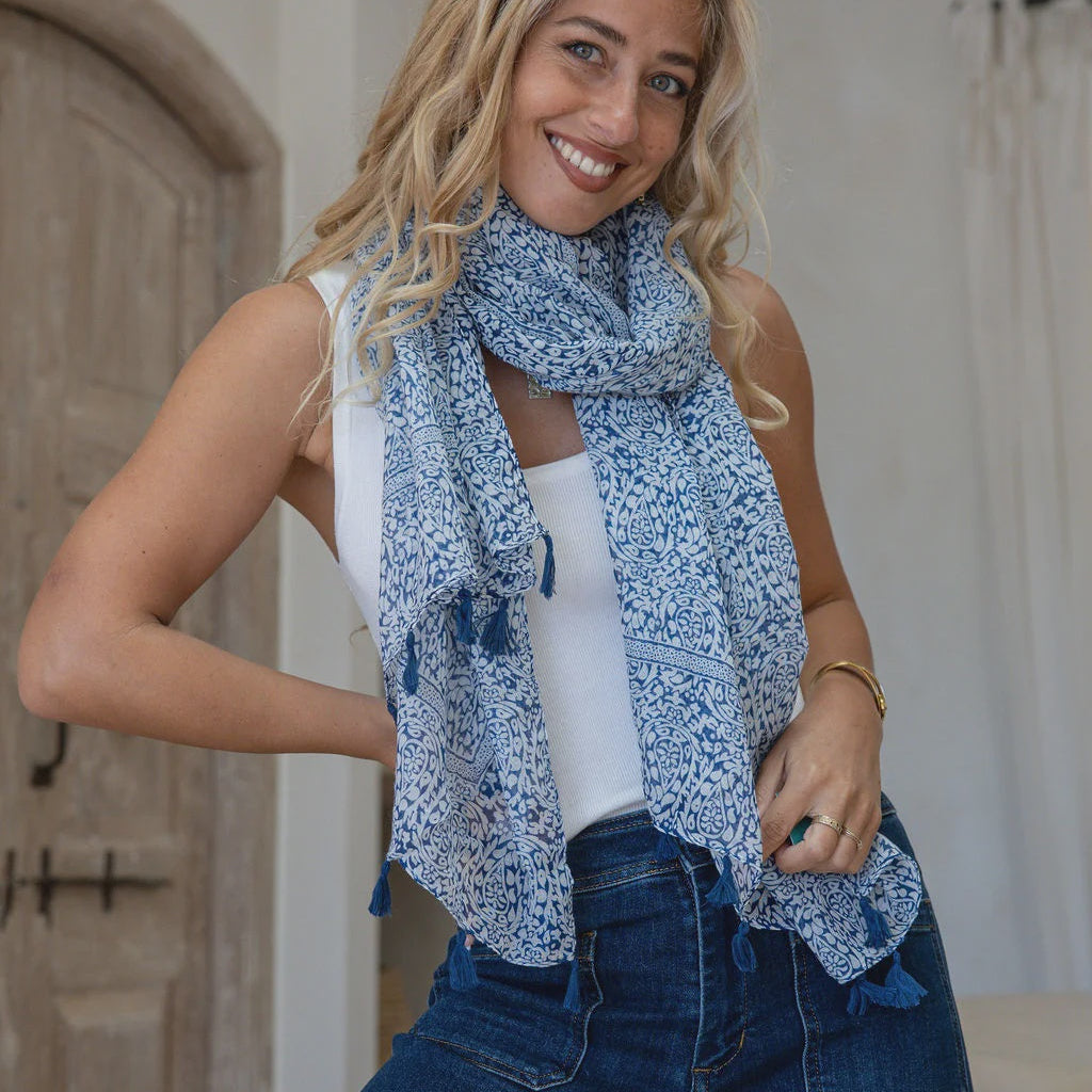 Blue paisley scarf with tassels