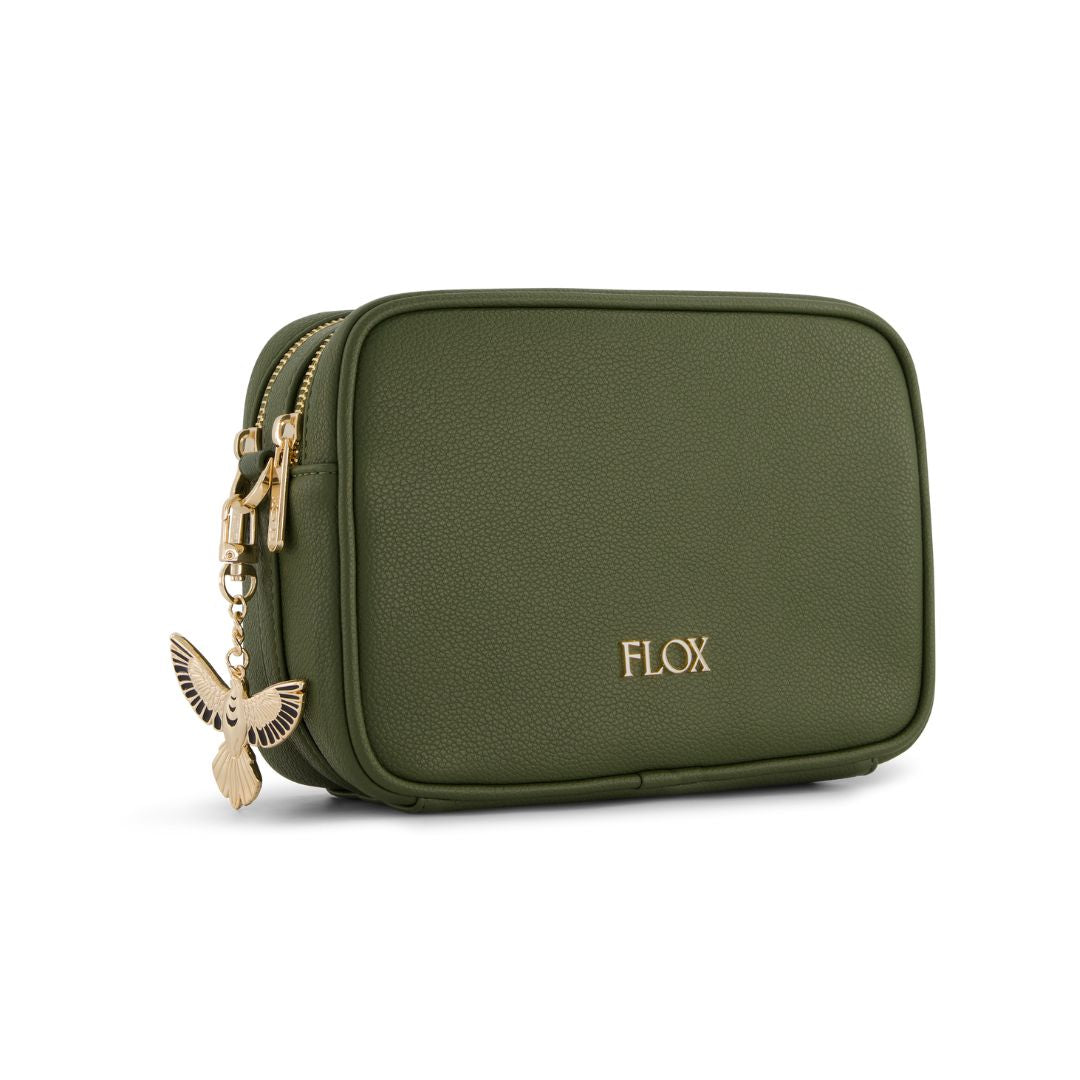 Green travel pouch with a gold zipper and 'FLOX' branding on a white background