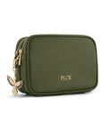 Green travel pouch with a gold zipper and 'FLOX' branding on a white background