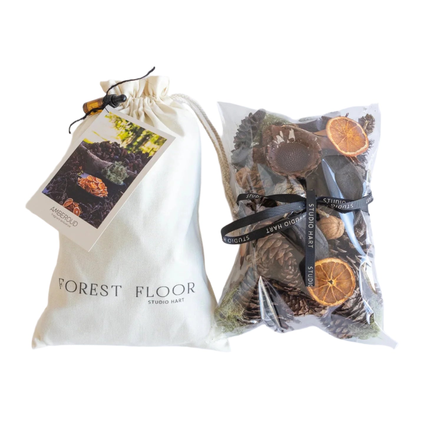 Two bags labeled 'Forest Floor' with natural elements on a white background