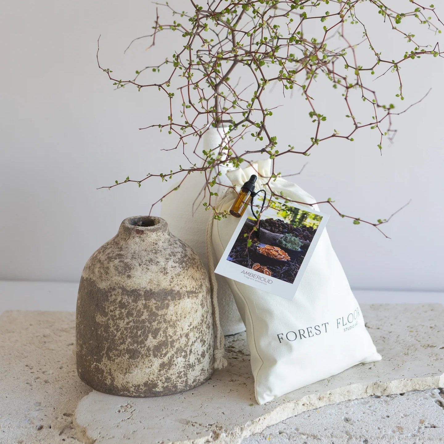 Vase with branches and a bag labeled 'Forest Folk' on a stone surface.