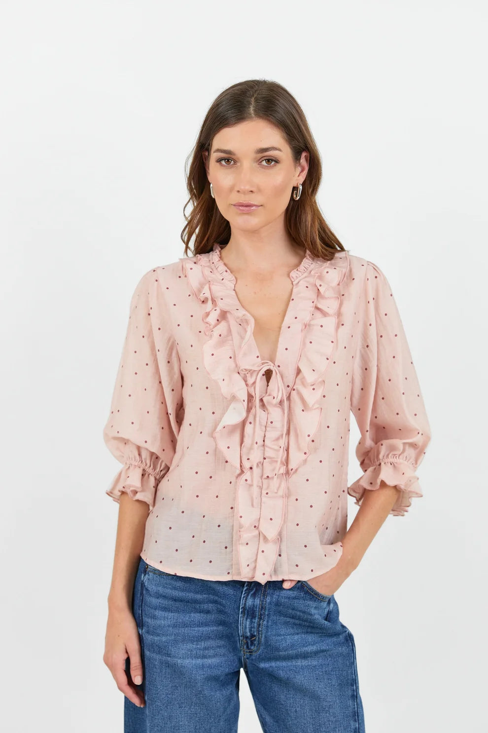 Garnish Polka Dot Frill Front Mid Sleeve Top - Blush