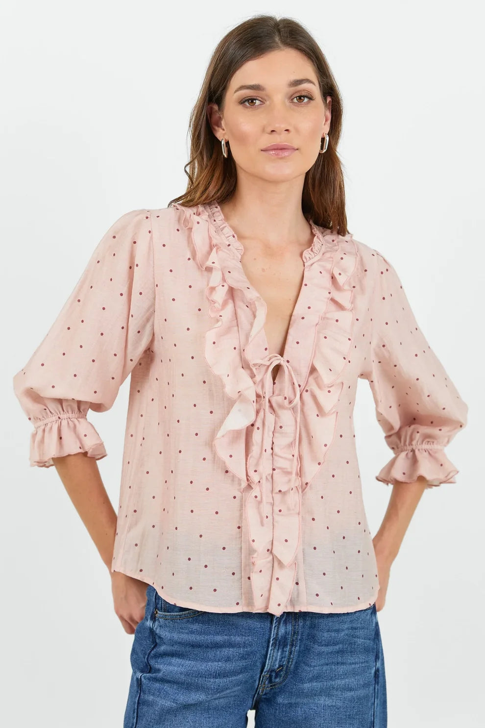 Garnish Polka Dot Frill Front Mid Sleeve Top - Blush