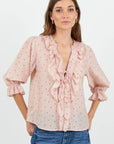 Garnish Polka Dot Frill Front Mid Sleeve Top - Blush