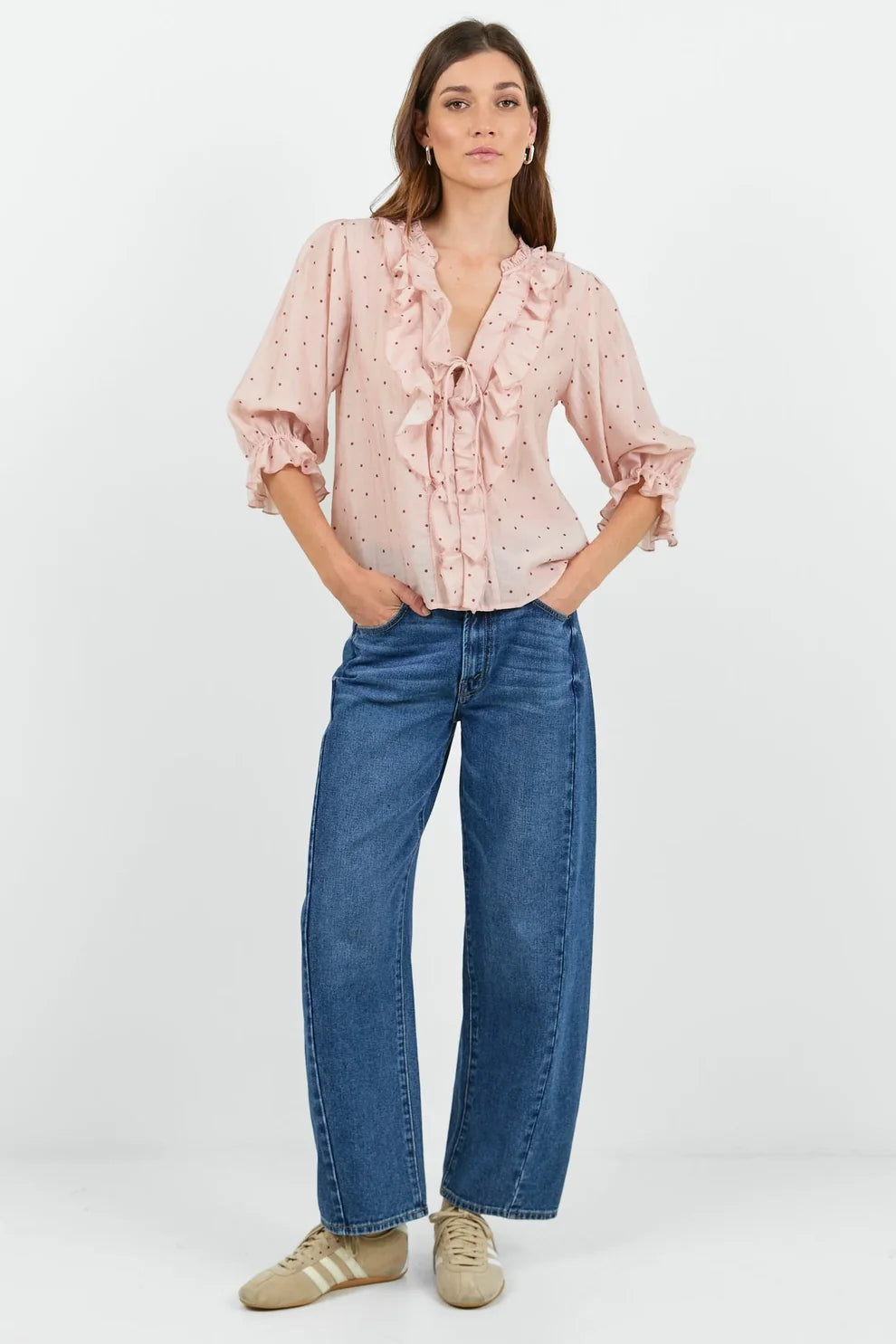 Garnish Polka Dot Frill Front Mid Sleeve Top - Blush