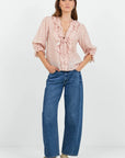 Garnish Polka Dot Frill Front Mid Sleeve Top - Blush