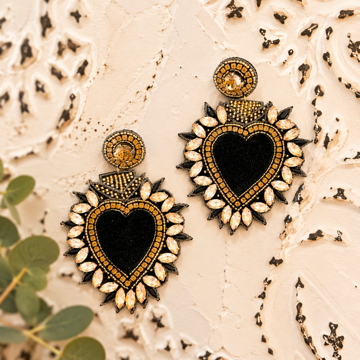 Handcrafted Earrings - Black + Gold | Heart