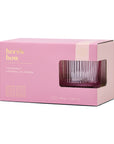 Pink packaging box with a clear glass lowball glass inside, featuring 'here's how' branding.