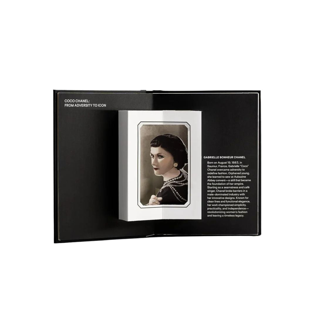 Open book with a portrait of a woman and text on a white background