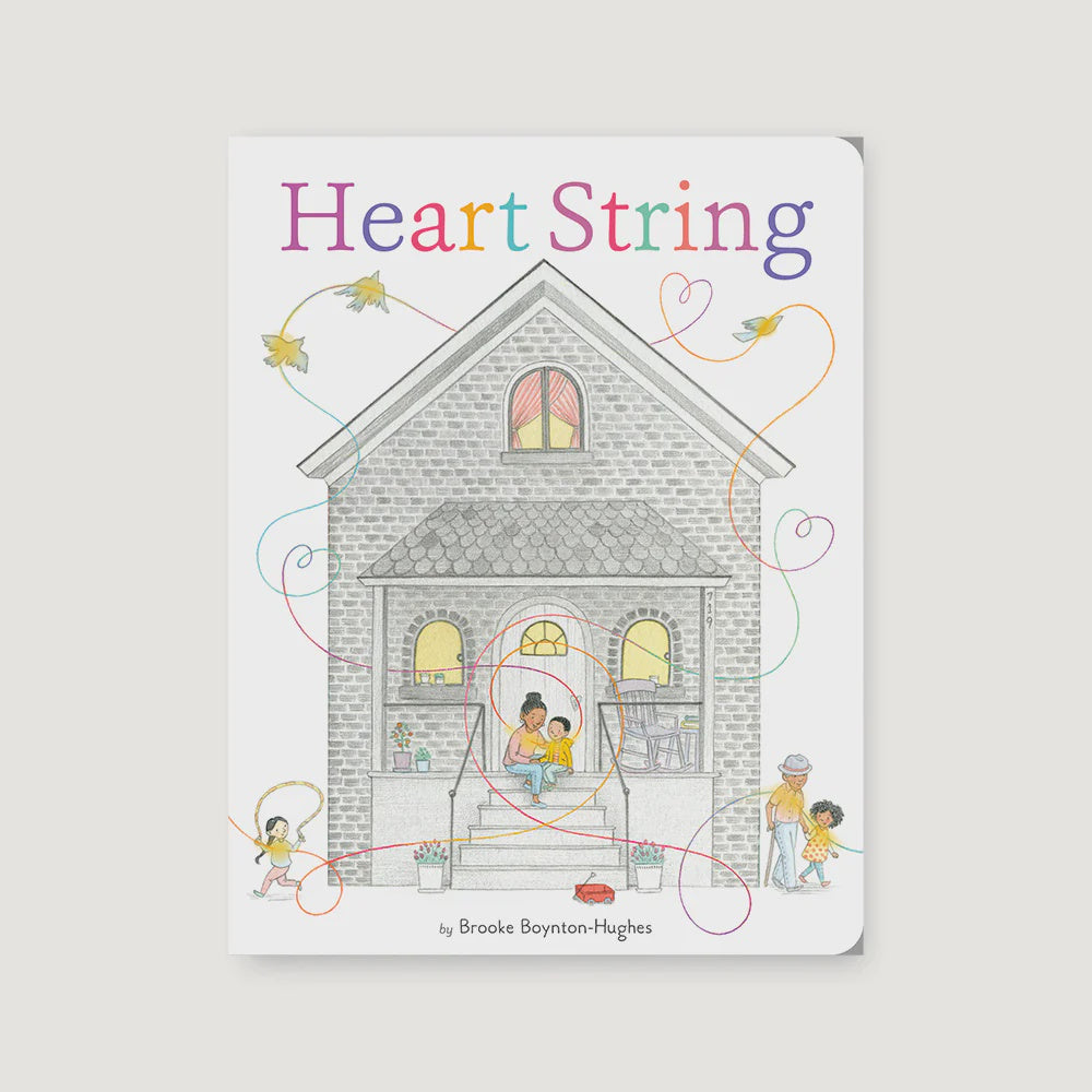 Book cover of 'Heart String' with illustrations of a family and colorful strings.