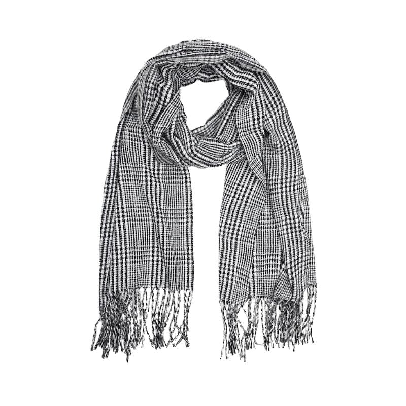 Black and white checkered scarf with fringes on a white background