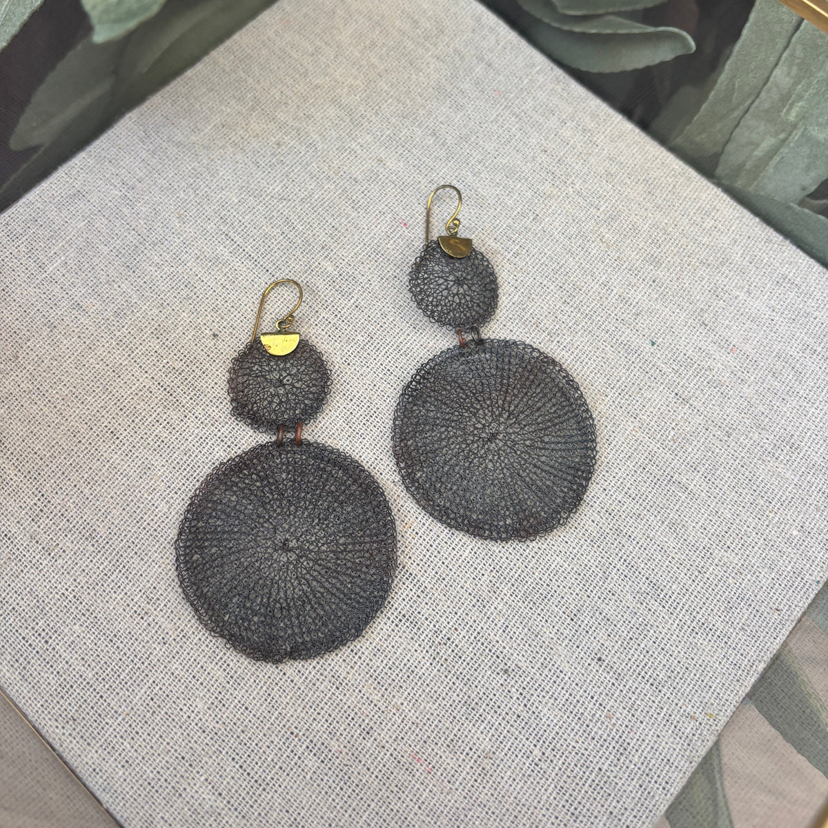double disc dark grey earrings made from mesh wire
