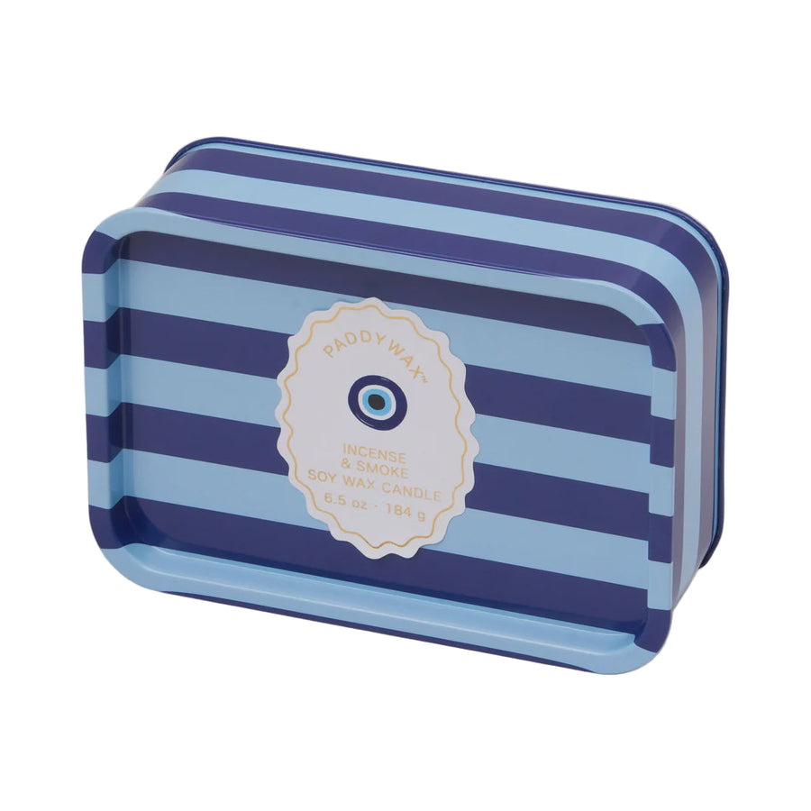 Blue and white striped tin with a label on a light gray background