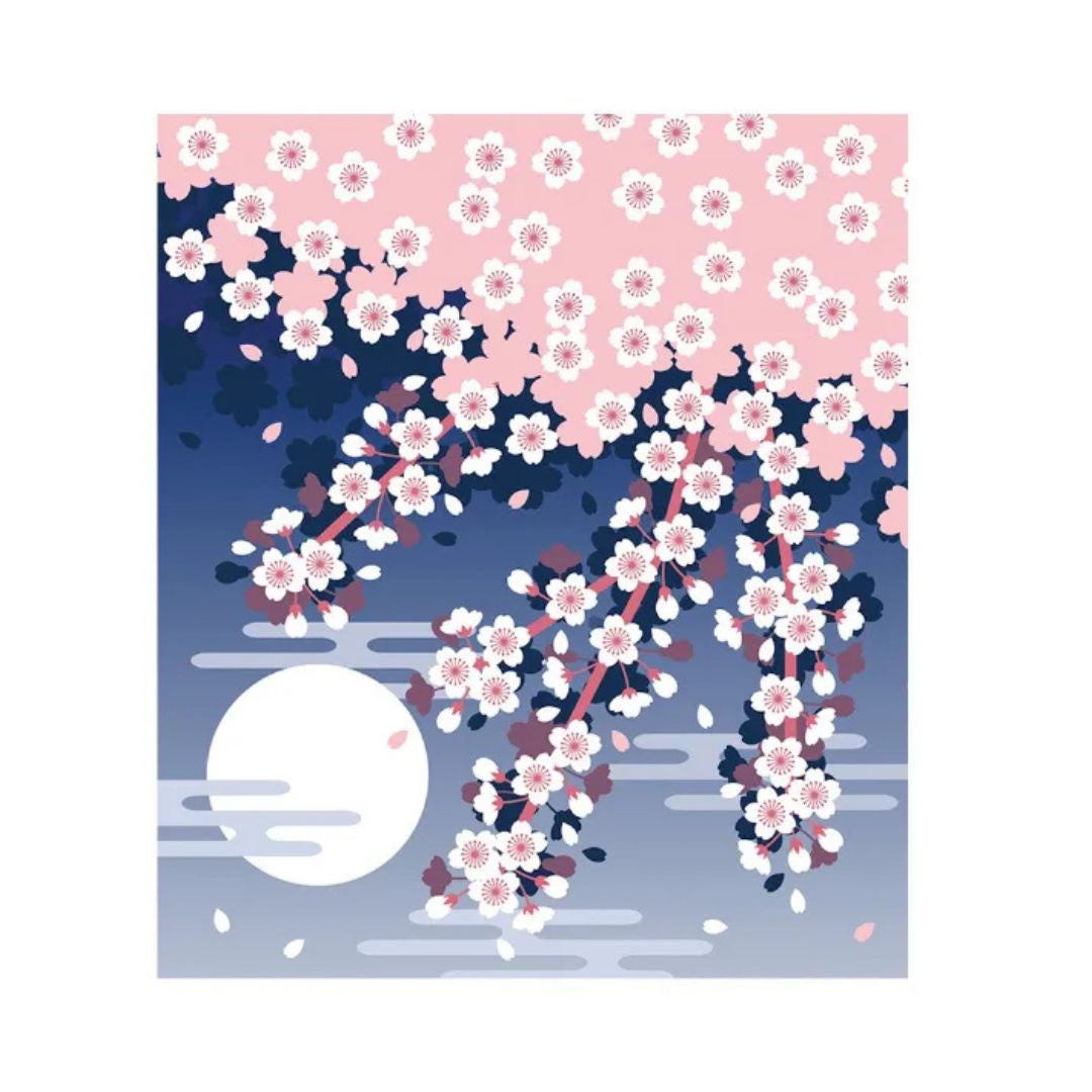 Cherry blossom branch with pink flowers against a blue sky and white moon background