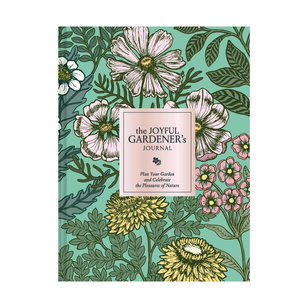 Floral design notebook titled 'The Joyful Gardener's Journal' on a green background