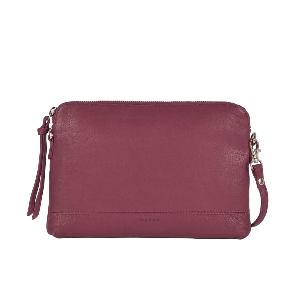 Purple leather clutch bag with a strap on a light gray background