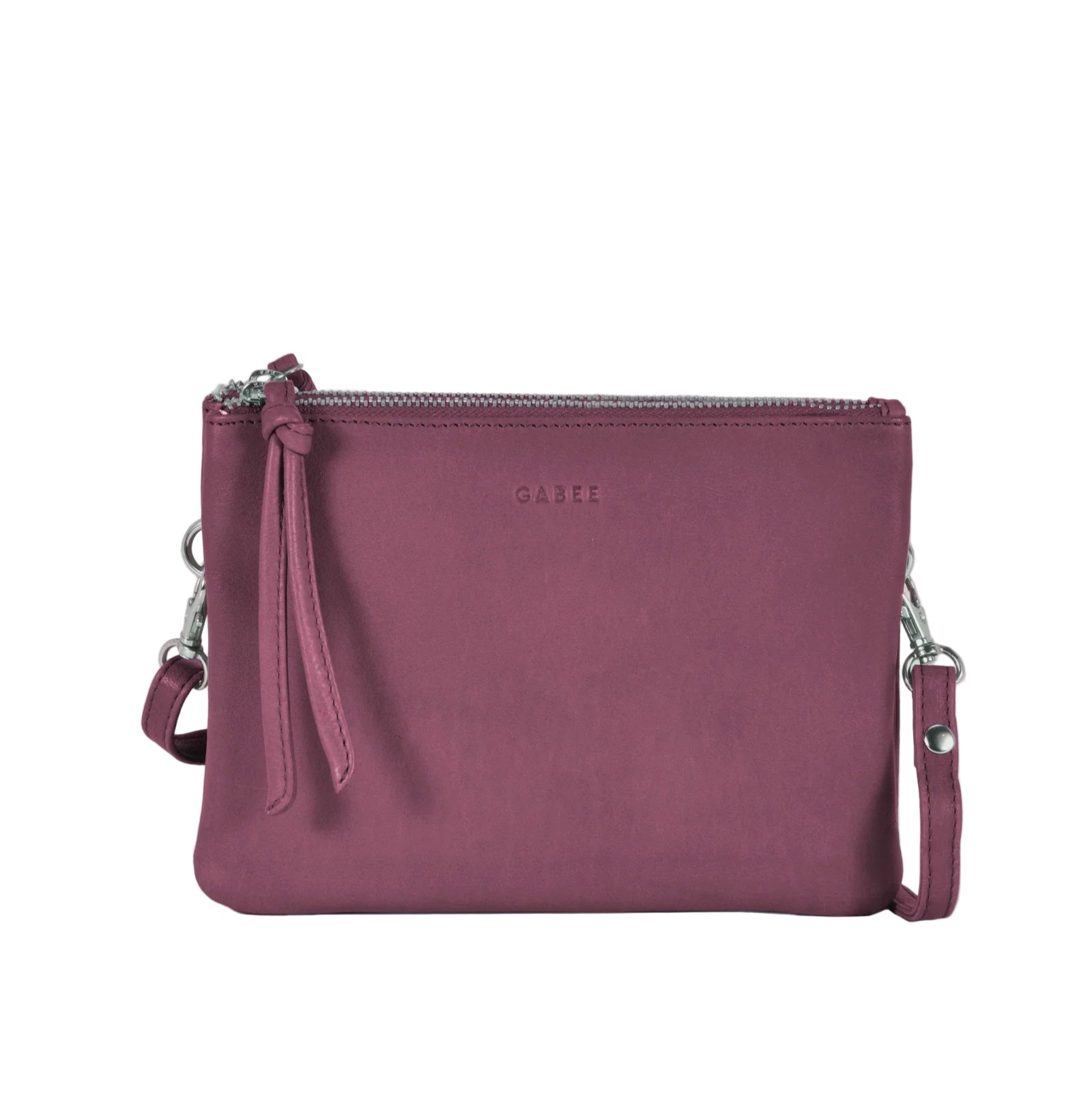 Purple handbag with a strap on a light gray background