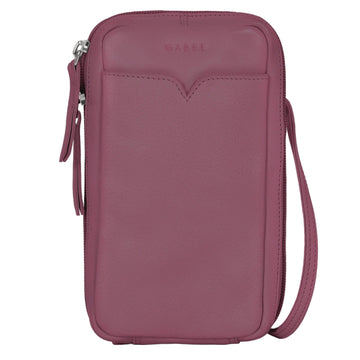 Pink crossbody bag with a strap on a light gray background