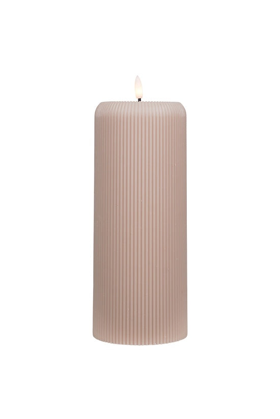 Large LED Ribbed Pillar Candle - Taupe