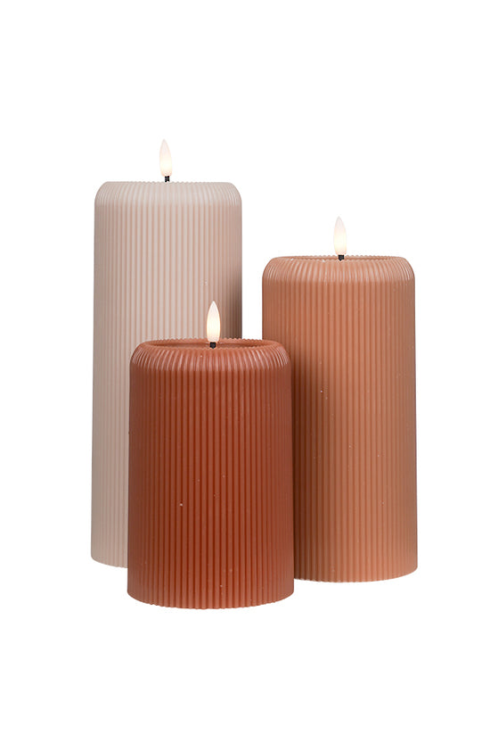 Large LED Ribbed Pillar Candle - Taupe