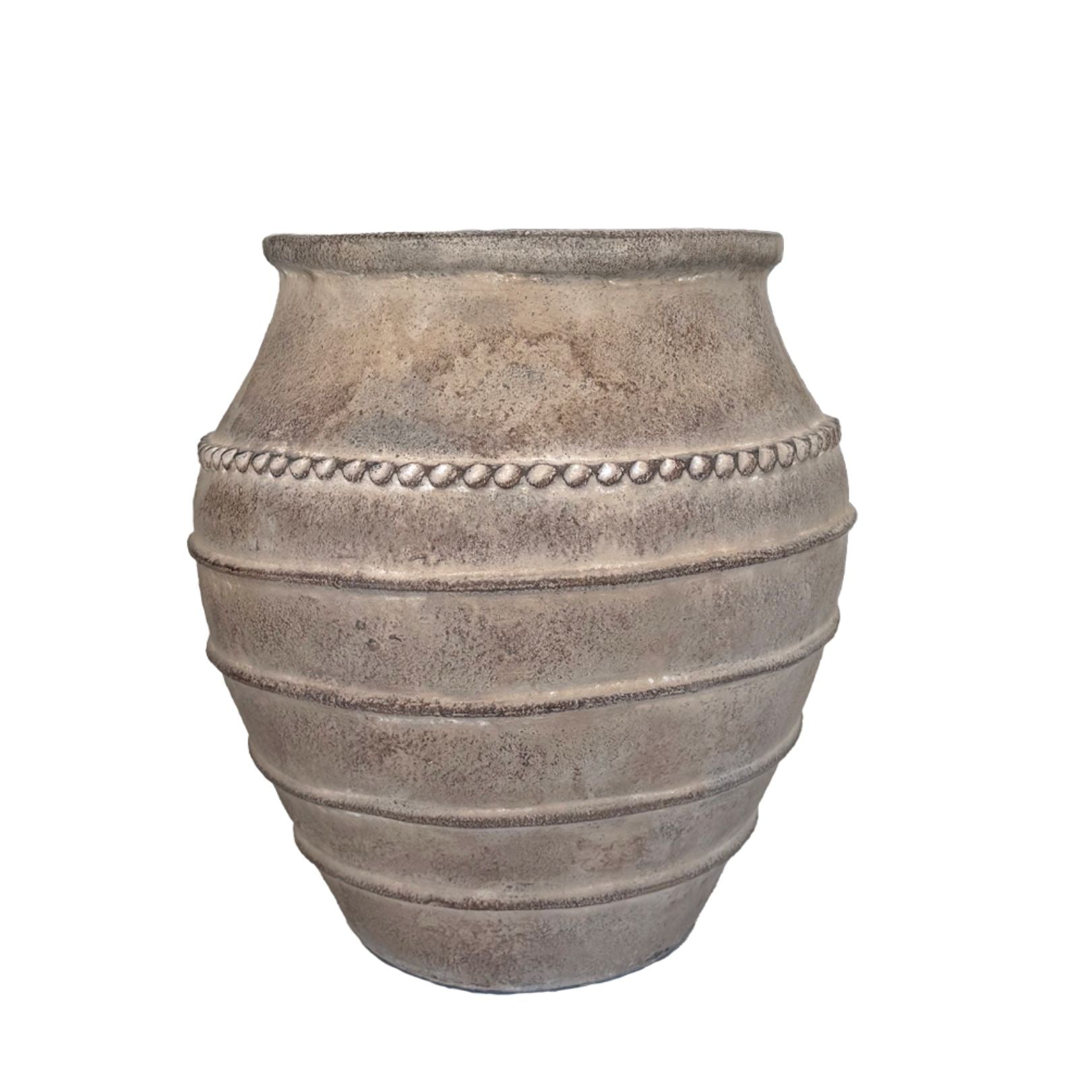 Decorative stone vase with textured surface on a white background