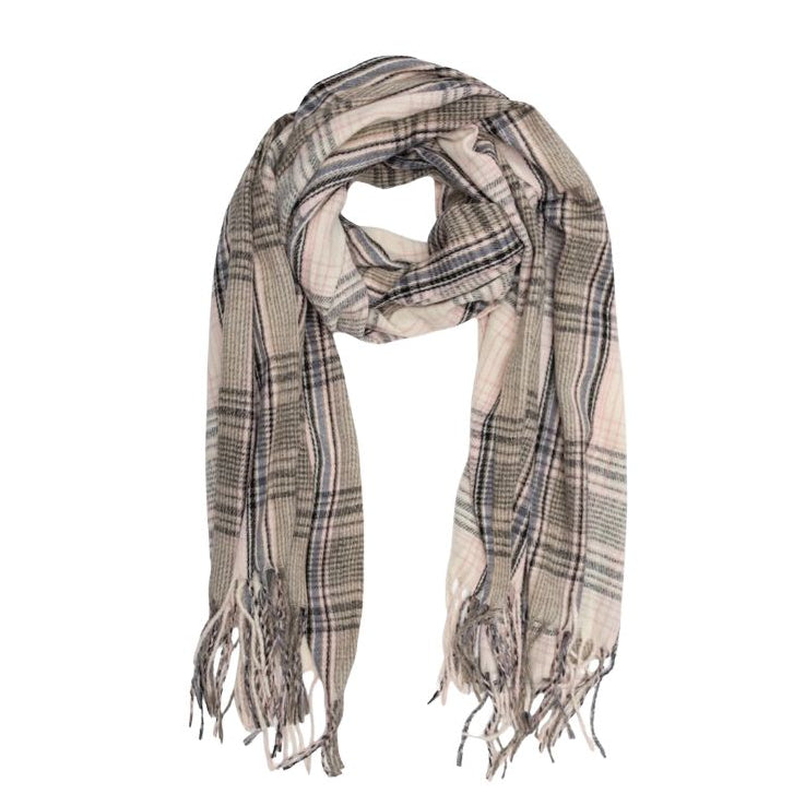 Plaid scarf with fringes on a white background