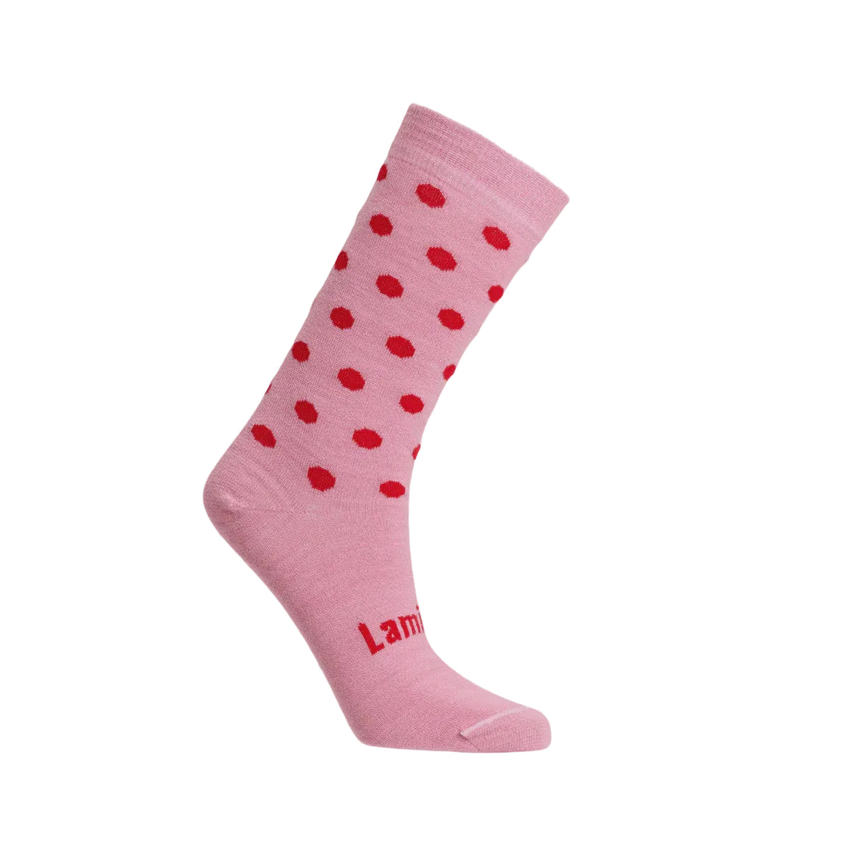 Pink sock with red polka dots on a light gray background