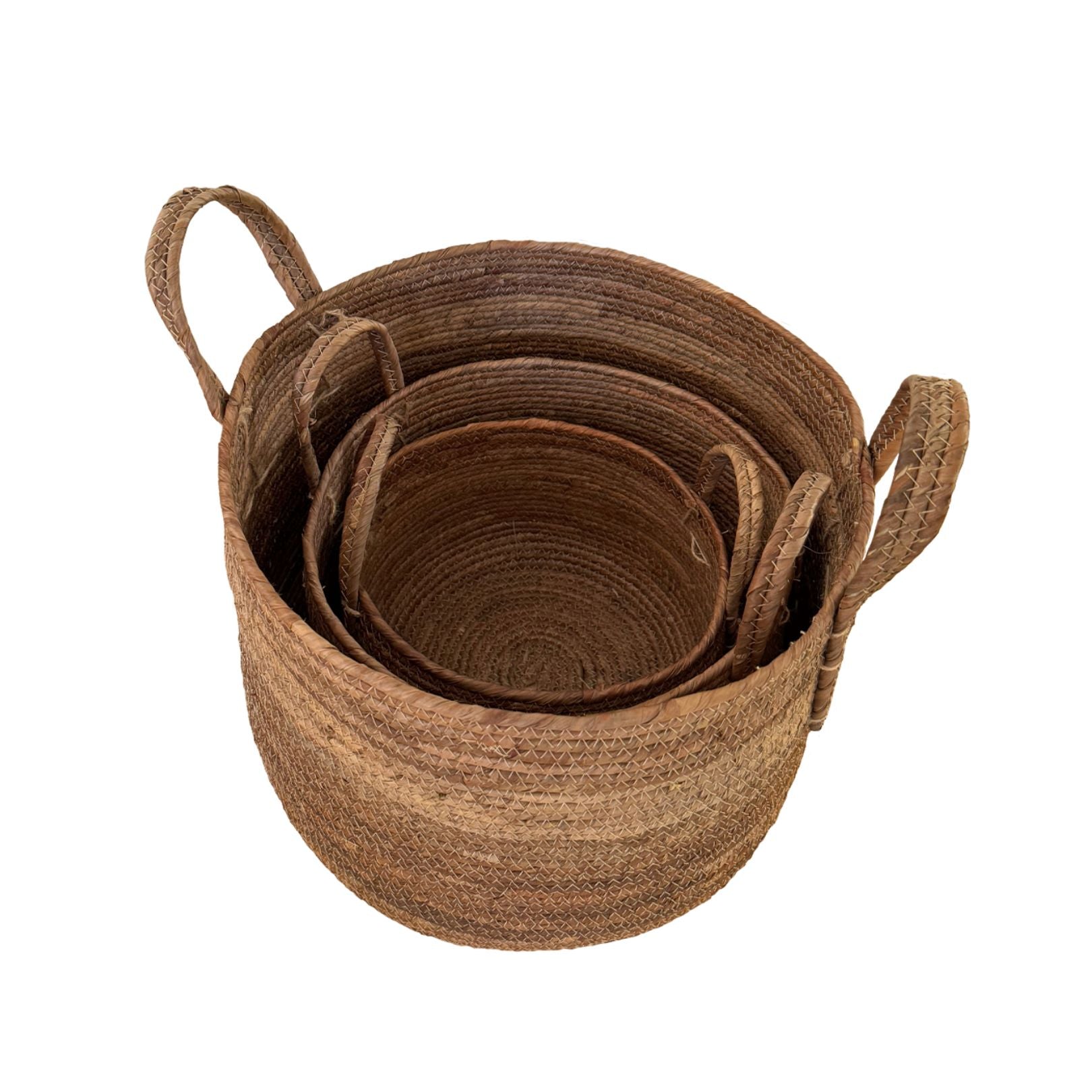 Set of three woven baskets with handles on a white background