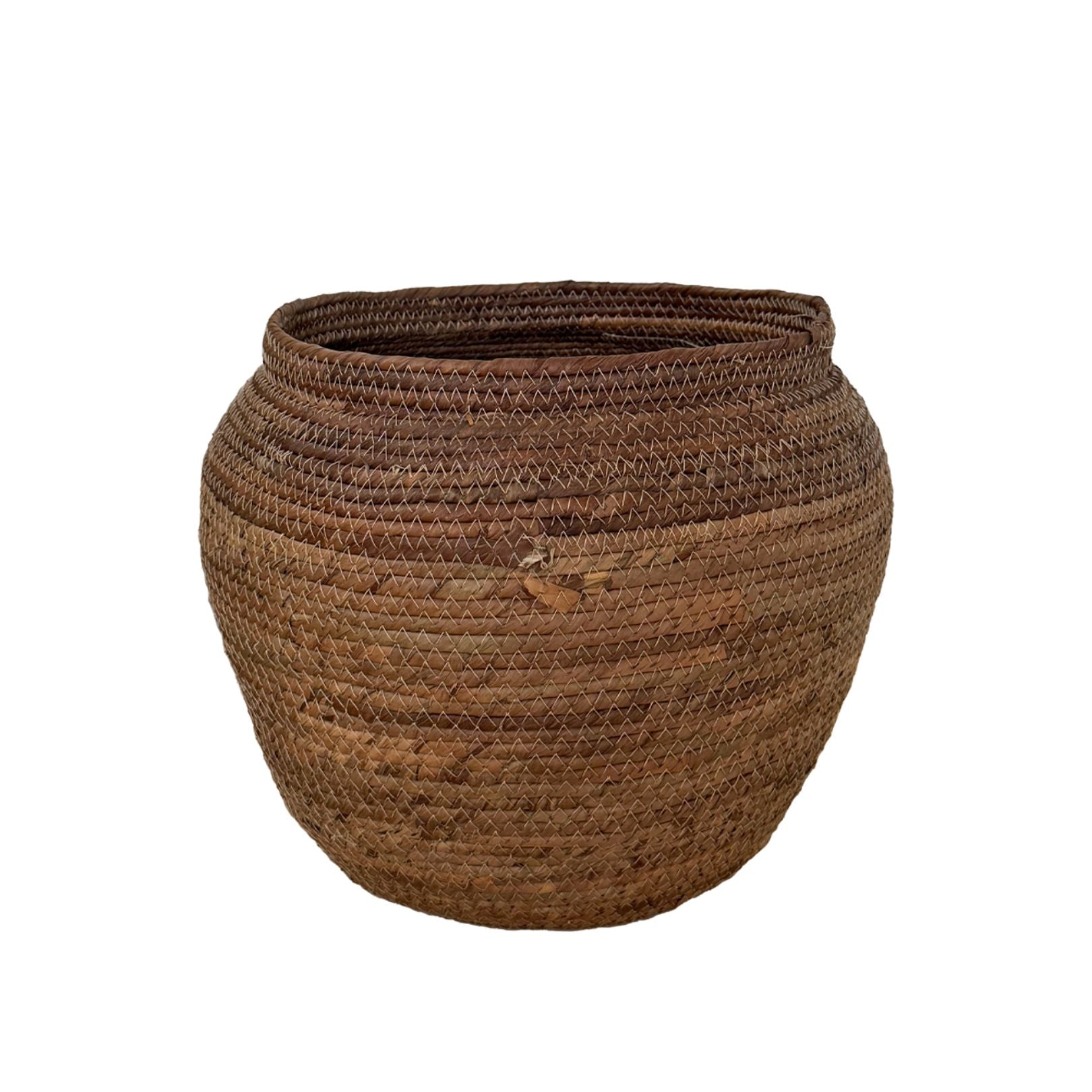 Woven brown basket on a white background