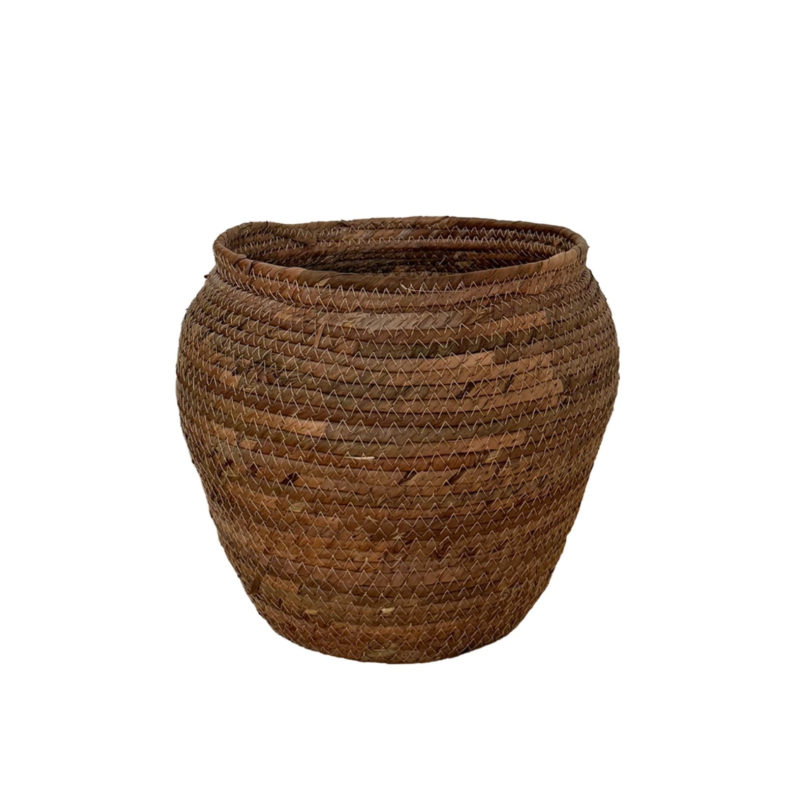 Woven brown basket on a white background