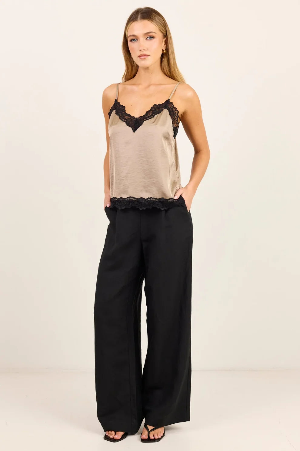 Nocturne Satin Lace Trim Cami | Taupe
