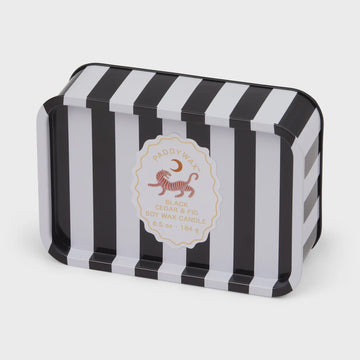 Black and white striped candle box with a tiger logo on a white background