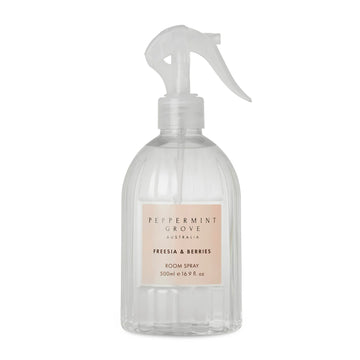 Clear spray bottle with a label on a white background