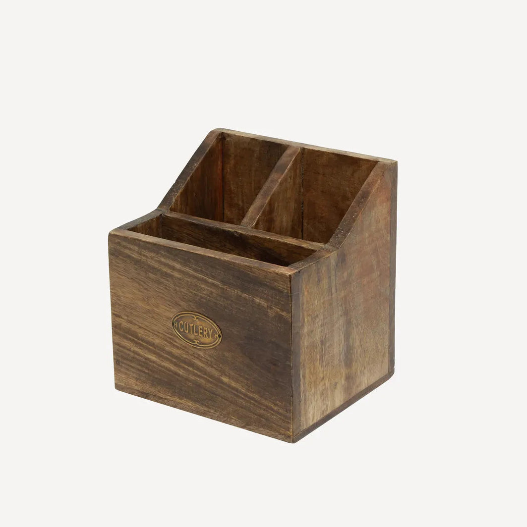 Wooden pen holder with a brand logo on a white background