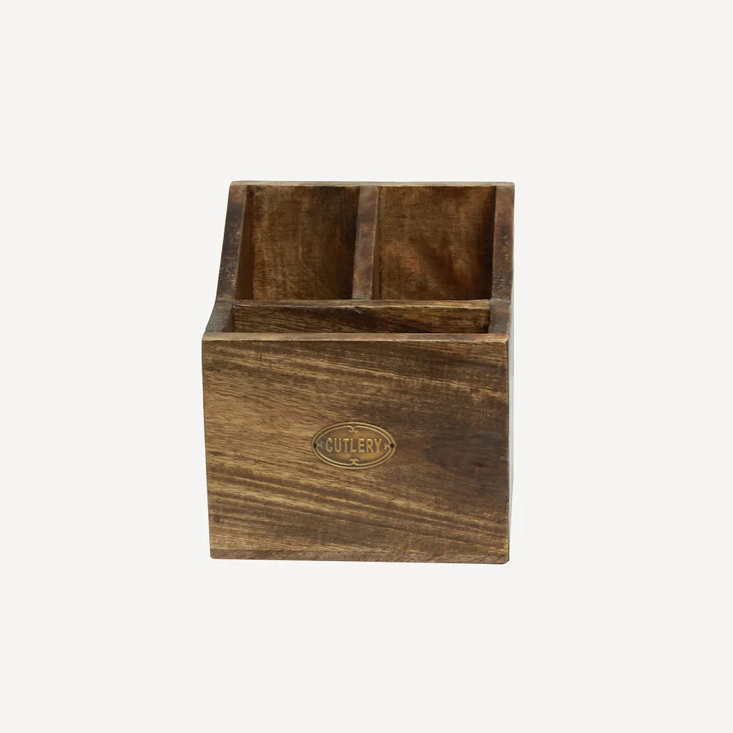 Wooden pen holder with a brand logo on a white background