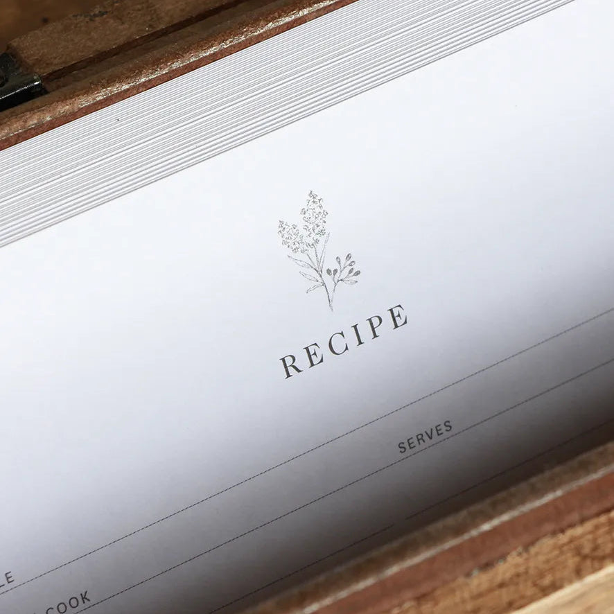 Close-up of a recipe card with a wooden box in the background