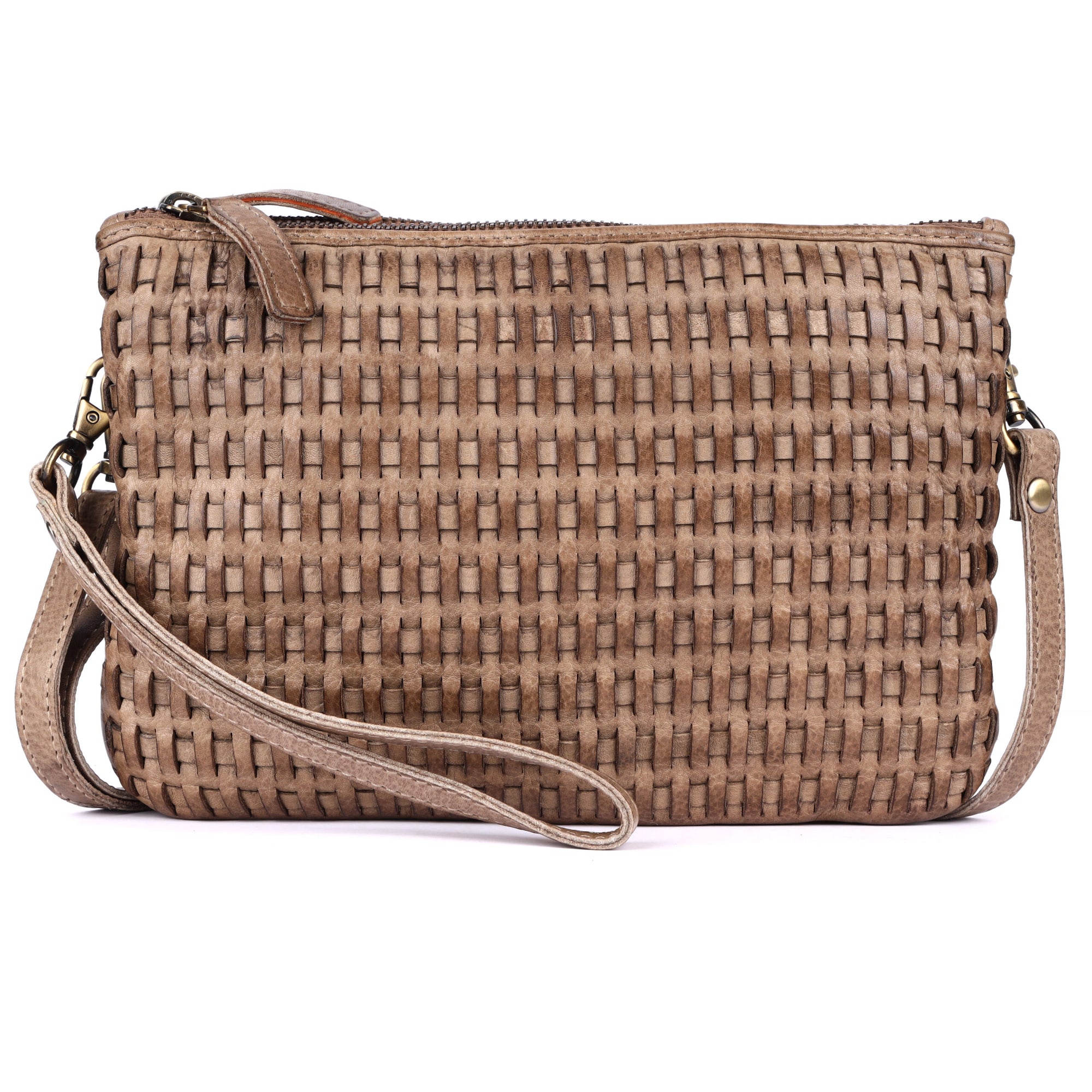 Woven beige handbag with a strap on a white background
