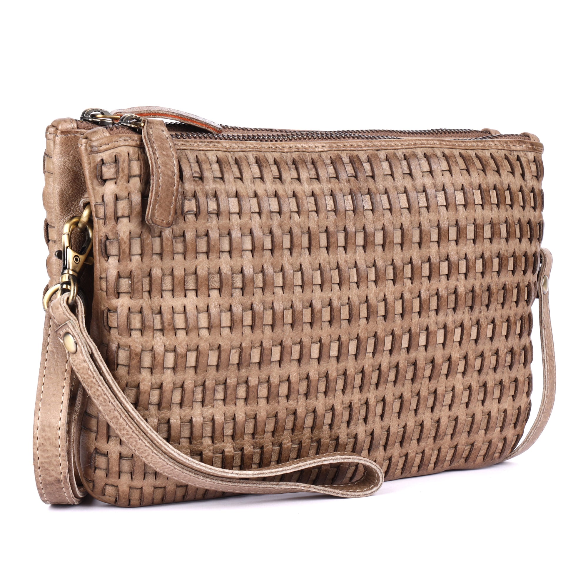 Woven beige handbag with a strap on a white background