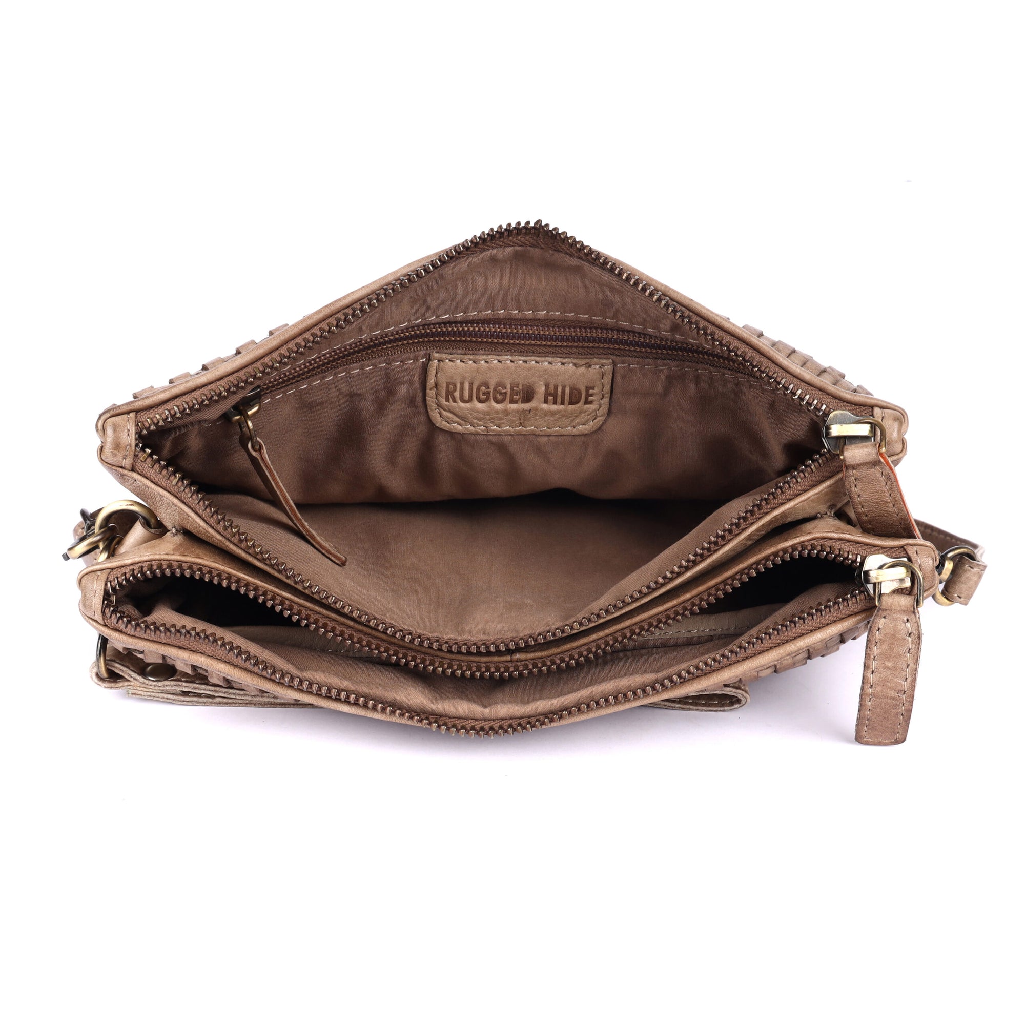 Brown leather clutch bag with 'Rugged Hide' label on a white background