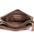 Brown leather clutch bag with 'Rugged Hide' label on a white background