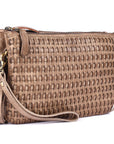 Woven beige handbag with a strap on a white background