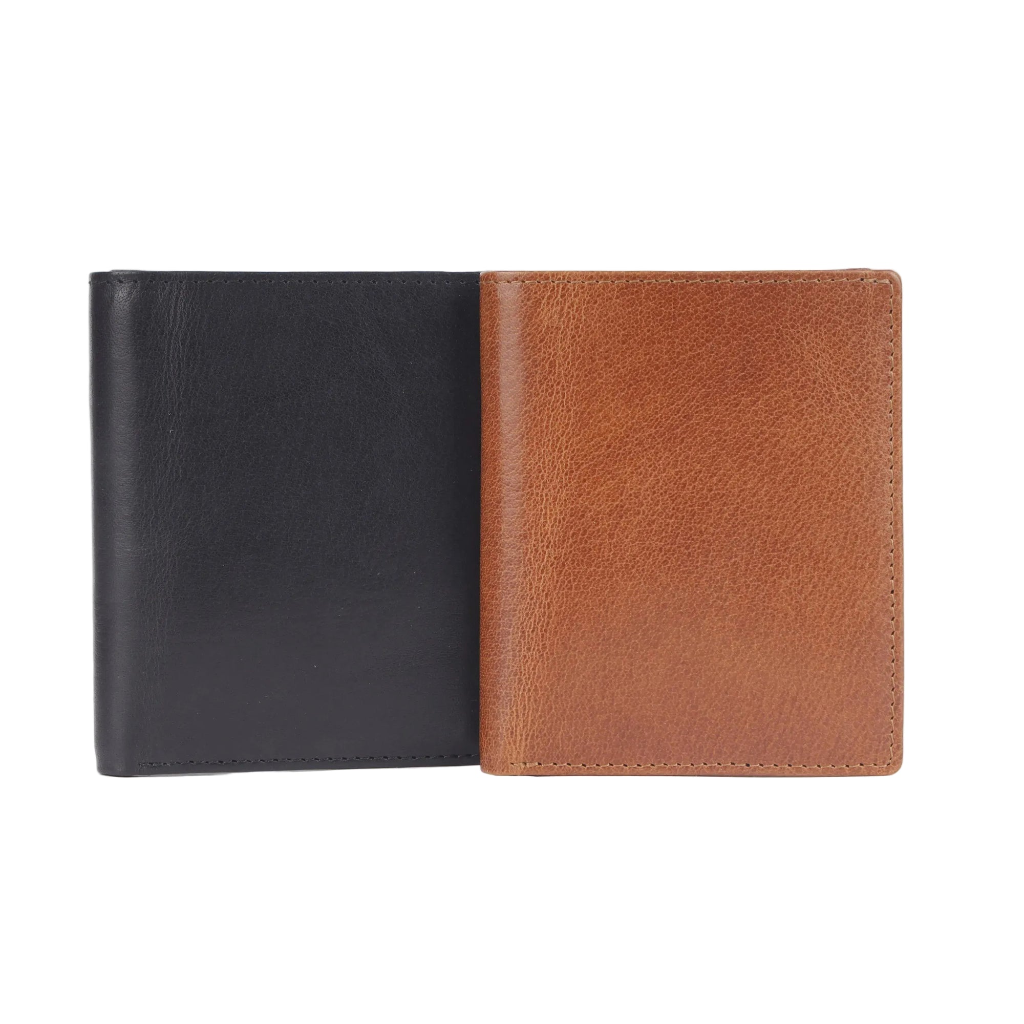 Two leather bifold wallets side by side, one in black and one in tan brown, on a light gray background.