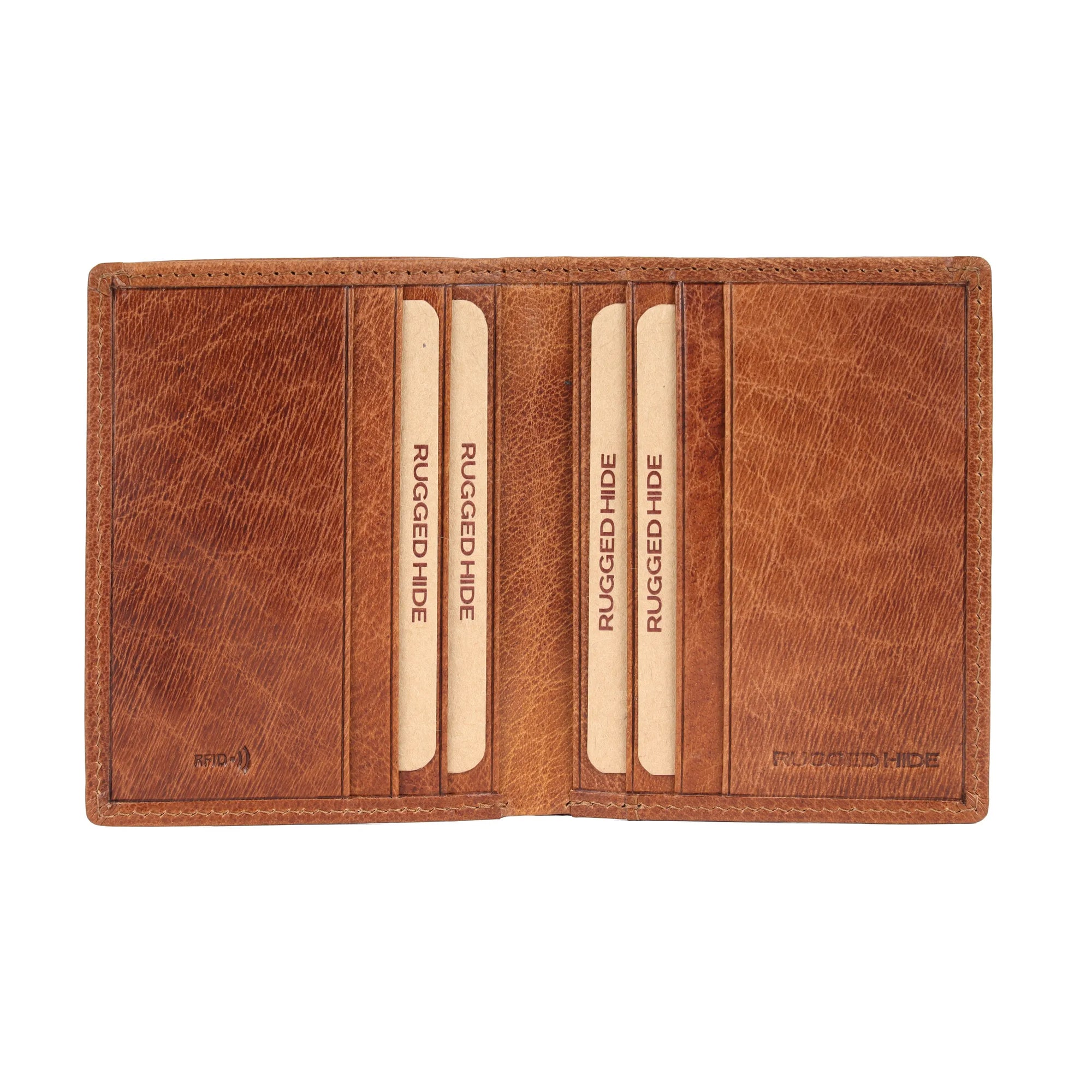 Brown leather wallet with 'Rugged Hide' branding on a white background