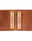 Brown leather wallet with 'Rugged Hide' branding on a white background